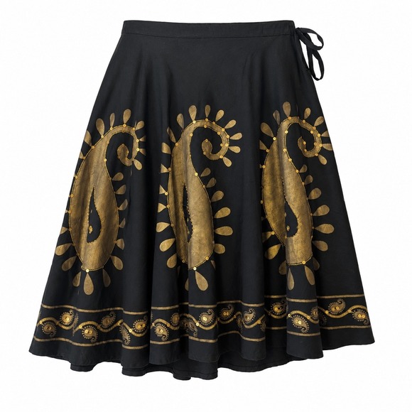 Ashro Dresses & Skirts - Ashro Paisley Sequin Skirt Womens XL Black Gold Cotton Boho Gypsy Midi Flare